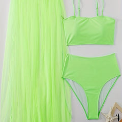  Solid Mesh Skirt & Bra & Panties Swimsuit Set