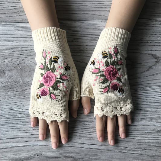 Women's Flower Knit Fingerless Gloves