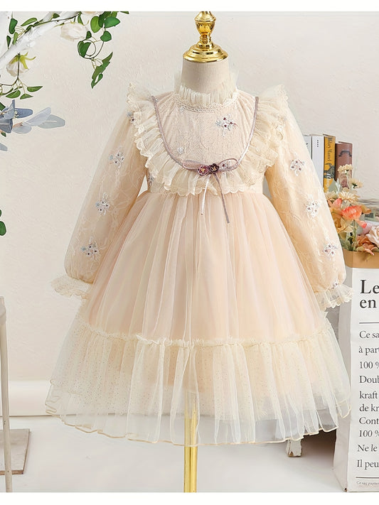 Girls' Lace Embroidered Princess Dress with Tulle