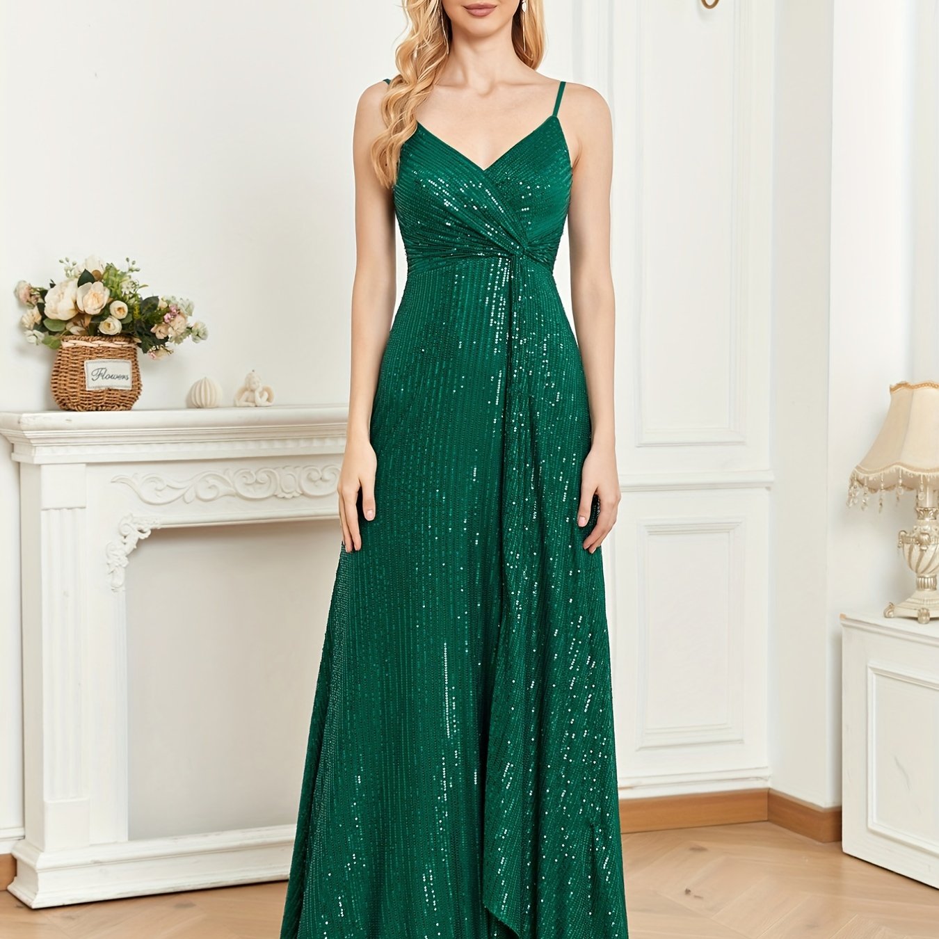 Sequined Bridesmaid Strap Dress Surplice Neck Twist Front Dress