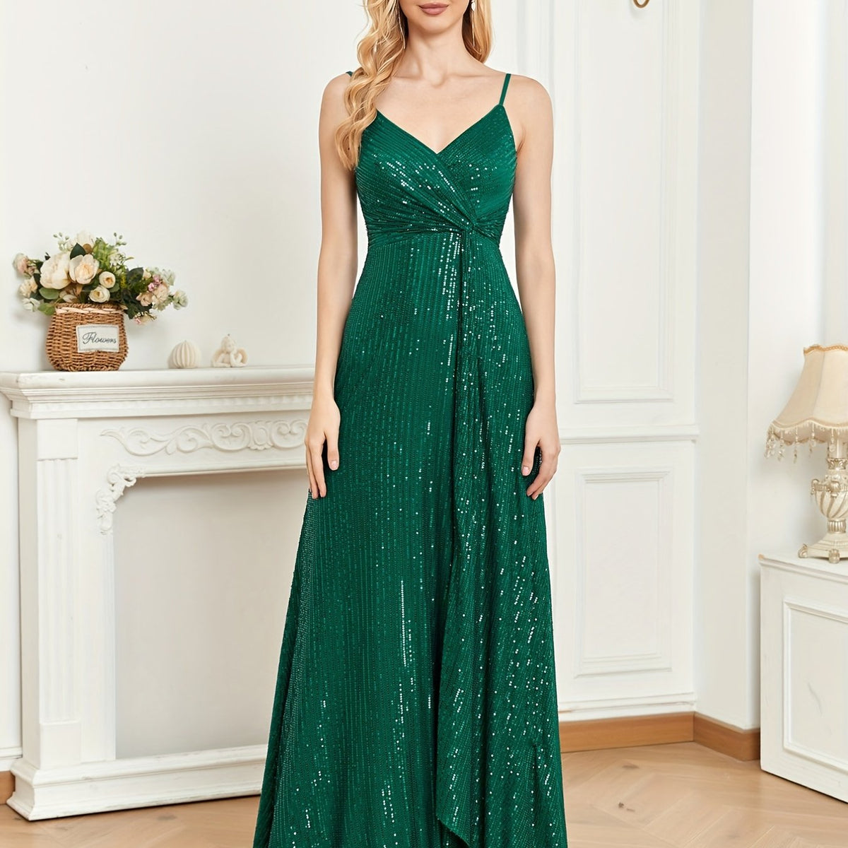Sequined Bridesmaid Strap Dress Surplice Neck Twist Front Dress