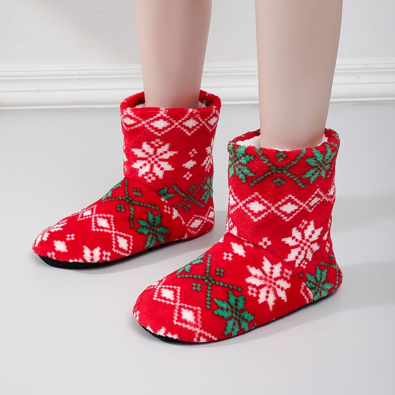 Snowflake Pattern Fuzzy Slipper Boots Christmas Plush Lined Shoes