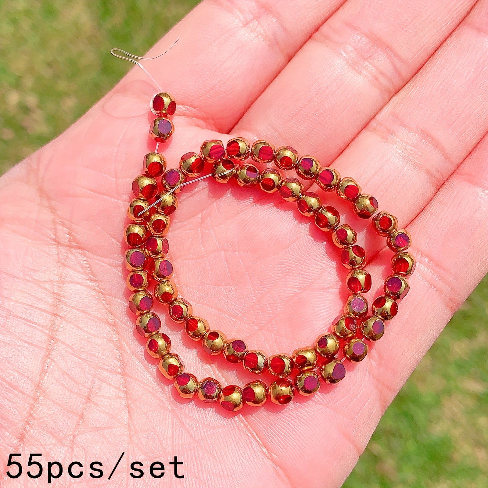 55pcs Golden Faceted Crystal Beads Red Glass Spacer Beads