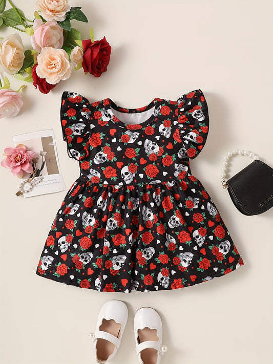 Baby Girl's Skull & Rose Flutter Sleeve Dress