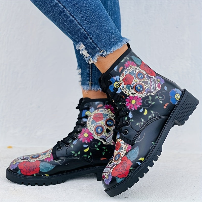 Skull & Rose Gothic Combat Boots Lace Up Ankle Halloween Shoes