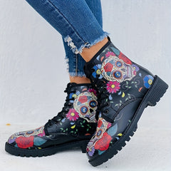 Skull & Rose Gothic Combat Boots Lace Up Ankle Halloween Shoes