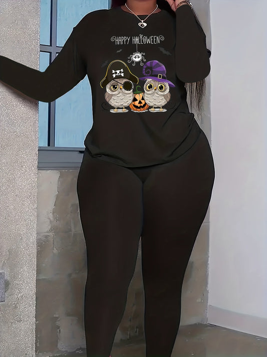  Halloween Owl & Pumpkin Print Two Piece Set