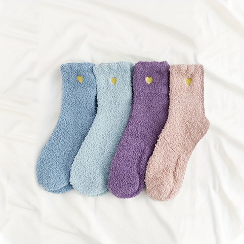 8 Pairs Heart Embroidery Fuzzy Socks Women's Stockings
