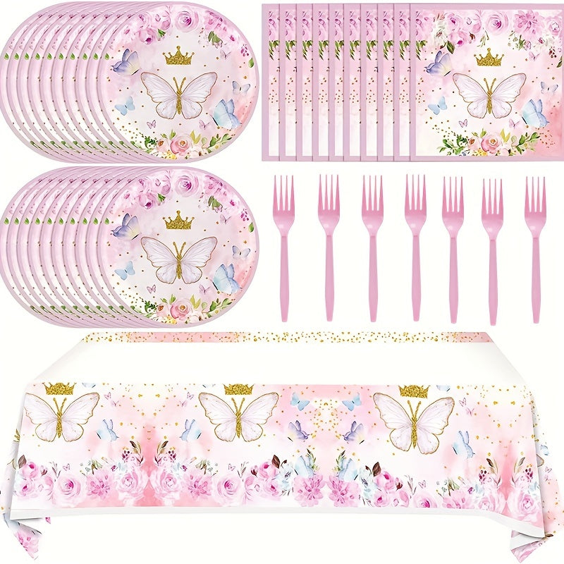 Butterfly Theme Party Set: Plates, Napkins, Tablecloth, Forks & Decorations