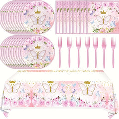Butterfly Theme Party Set: Plates, Napkins, Tablecloth, Forks & Decorations