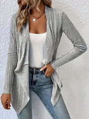  Solid Ribbed Long Sleeve Open Front Cardigan