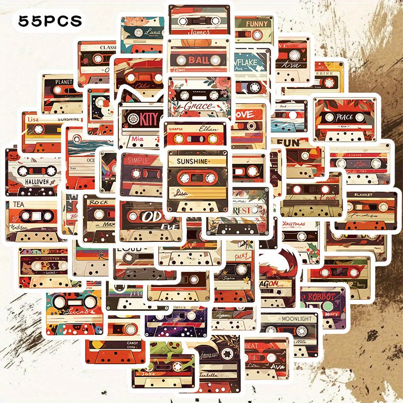 55pcs Cartoon Cassette Vinyl Waterproof Stickers for Scrapbooking Notebooks DIY