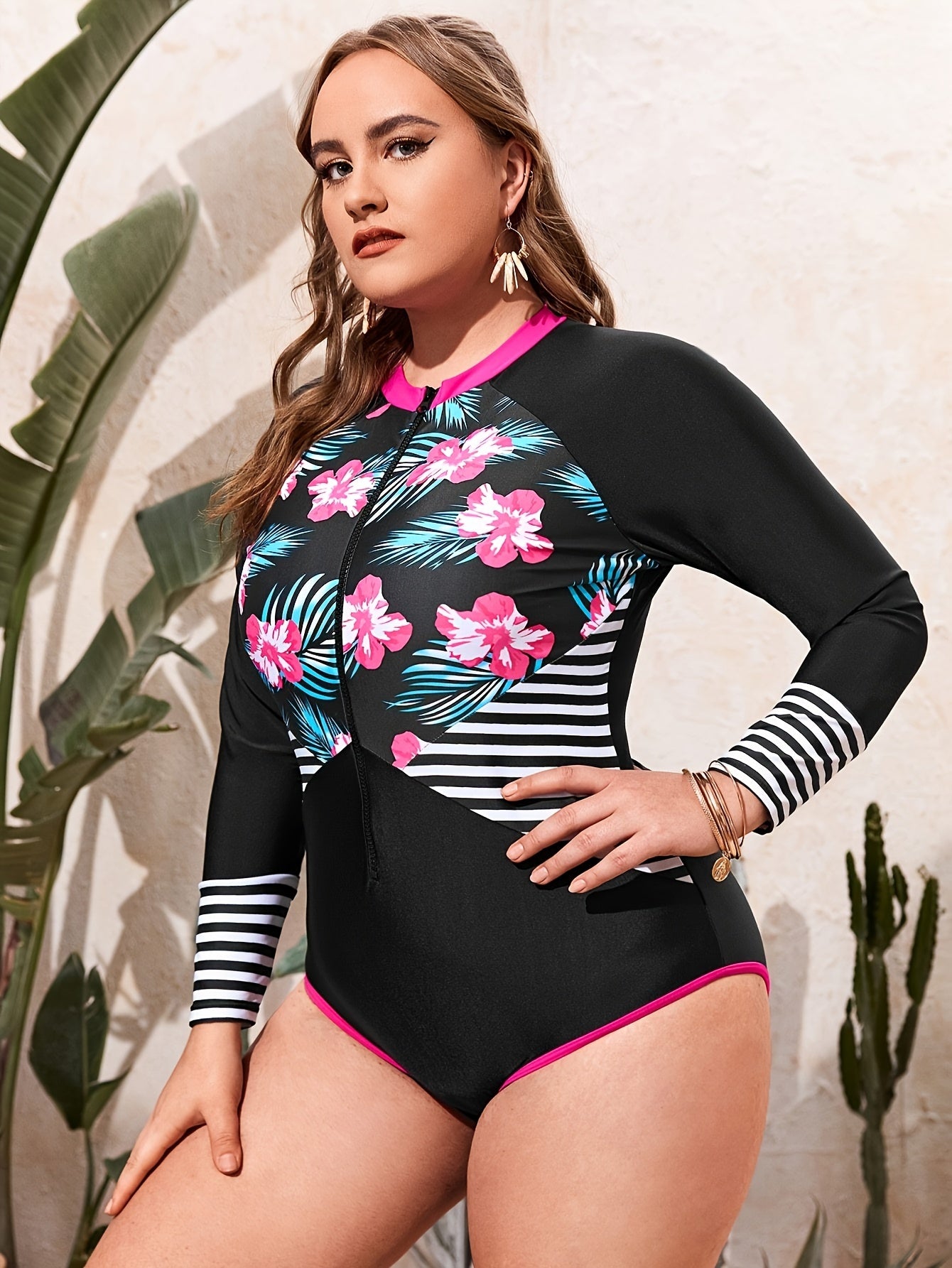  Floral Striped Zip Up Long Sleeve One Piece Surfing Suit