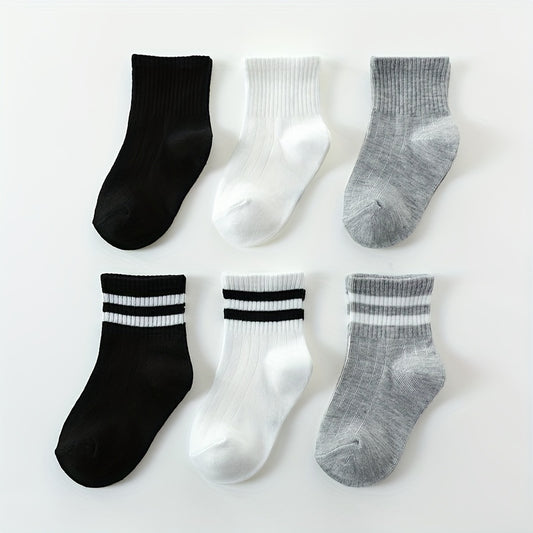 3 Pairs Boys Kids Striped Solid Socks For School Students Breathable Comfy