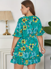  Floral Print V Neck Ruffled Sleeve Dress