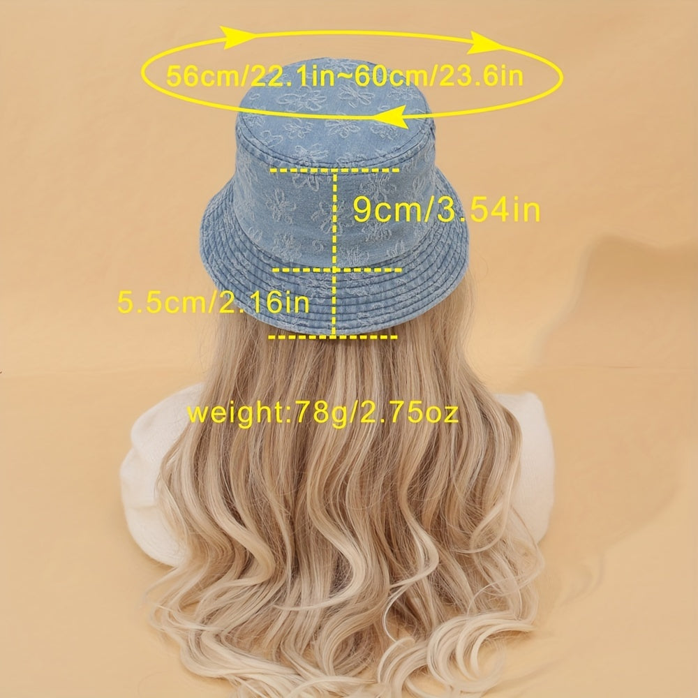Floral Embroidery Bucket Hat Denim Washed Lightweight Fisherman Cap