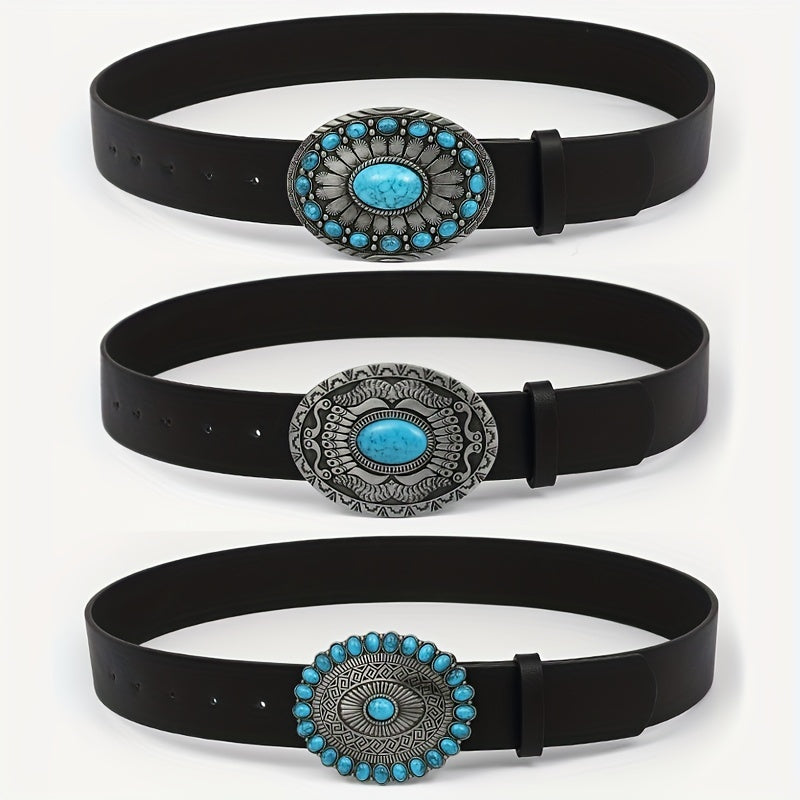 Boho Oval Buckle Belt Faux Jade Western Cowboy Wide Belts
