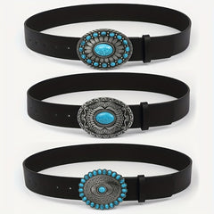 Boho Oval Buckle Belt Faux Jade Western Cowboy Wide Belts