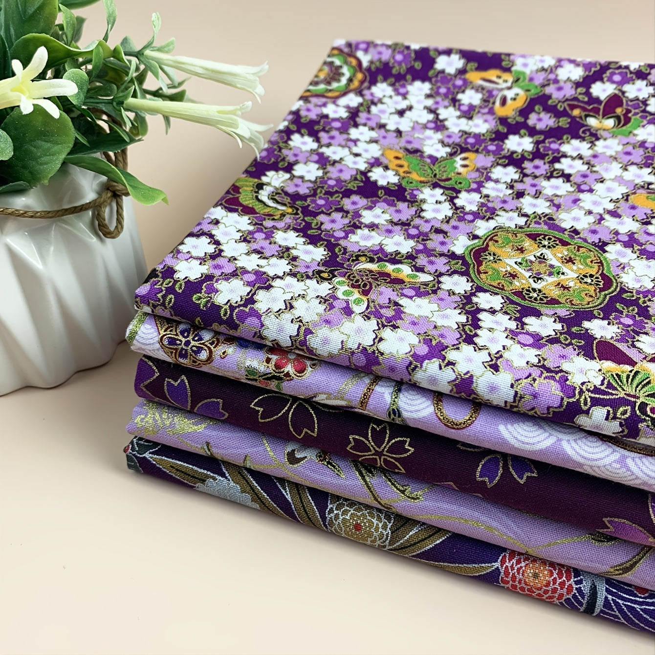 5pcs Purple Cotton Flower Printed Cheongsam Kimono Dress Fabric
