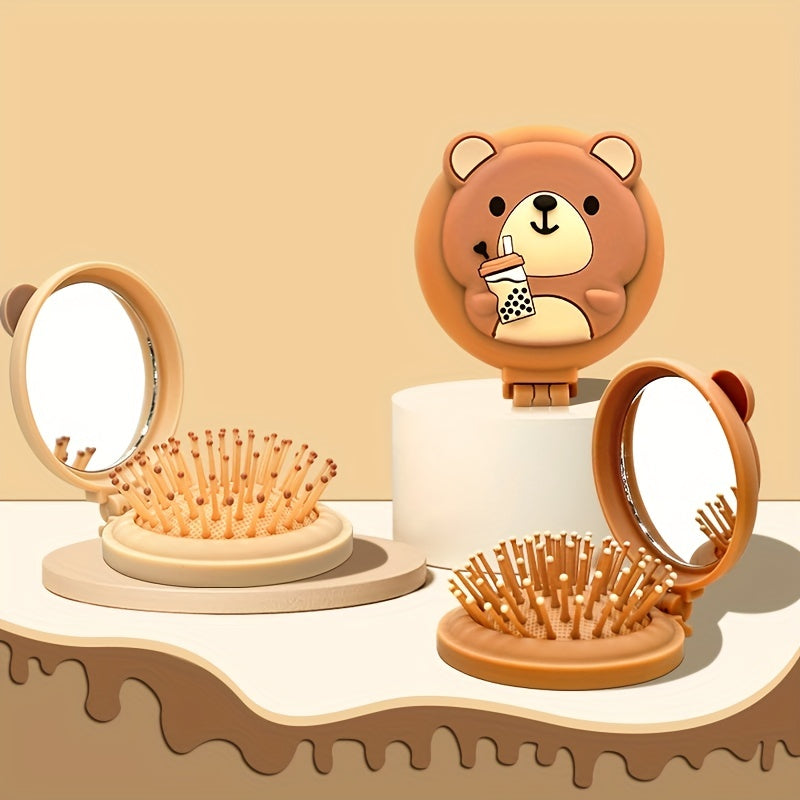 Portable Bear Decor Hairbrush Mirror Kit Airbag Massage Comb