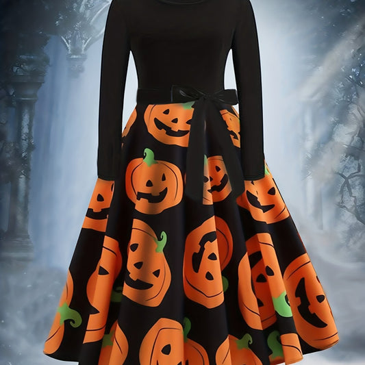  Pumpkin Print Long Sleeve A line Dress With Belt