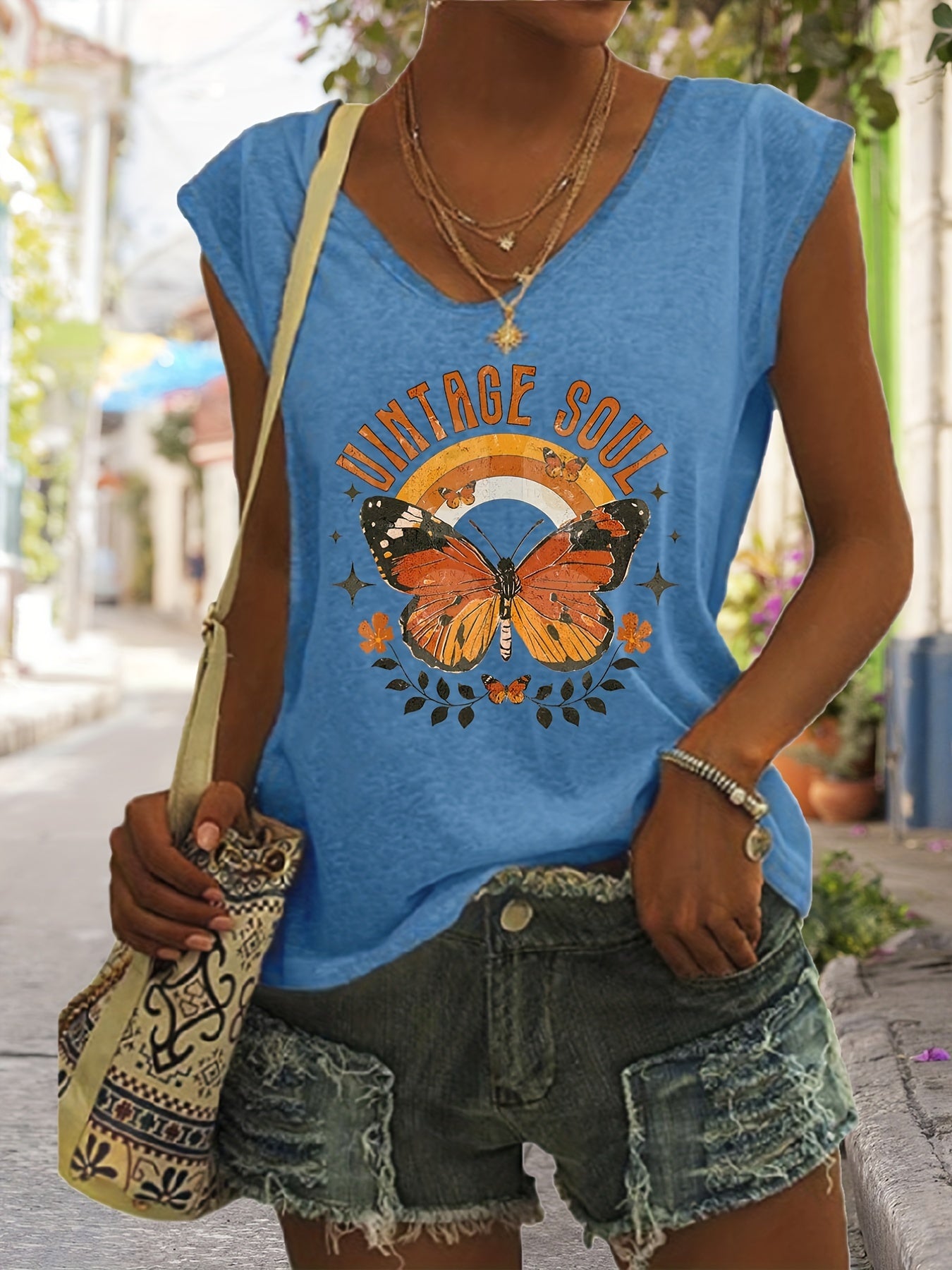 Butterfly Print Tank Top Sleeveless V Neck Casual Top