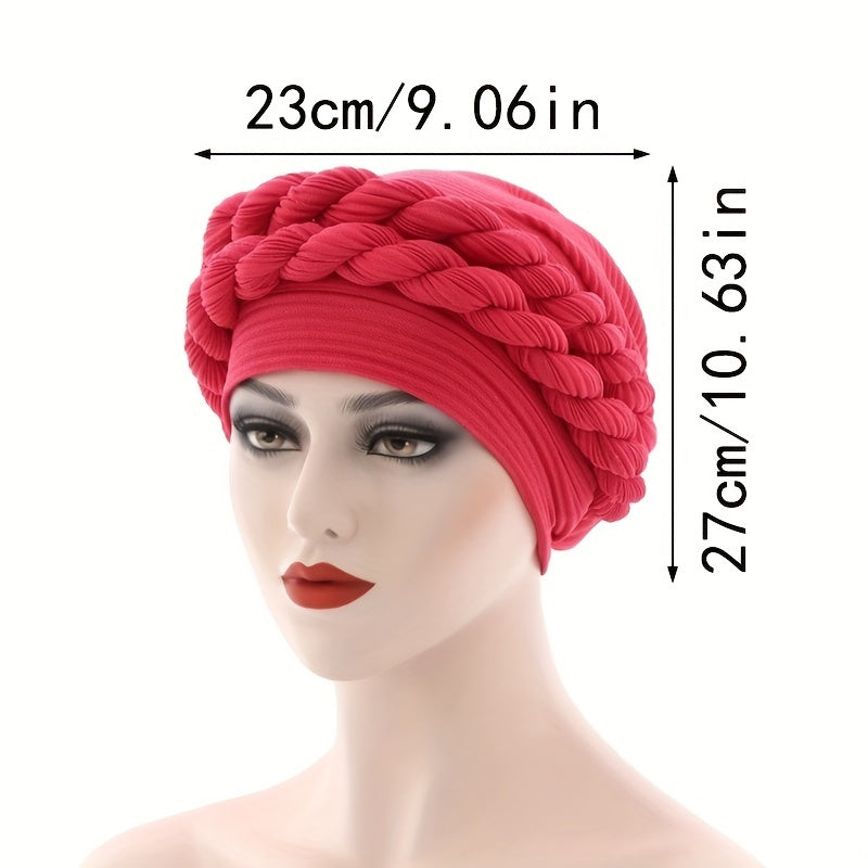 Double Braid Pre tied Turban Cap Solid Pleated Head Wrap Elastic Bonnet