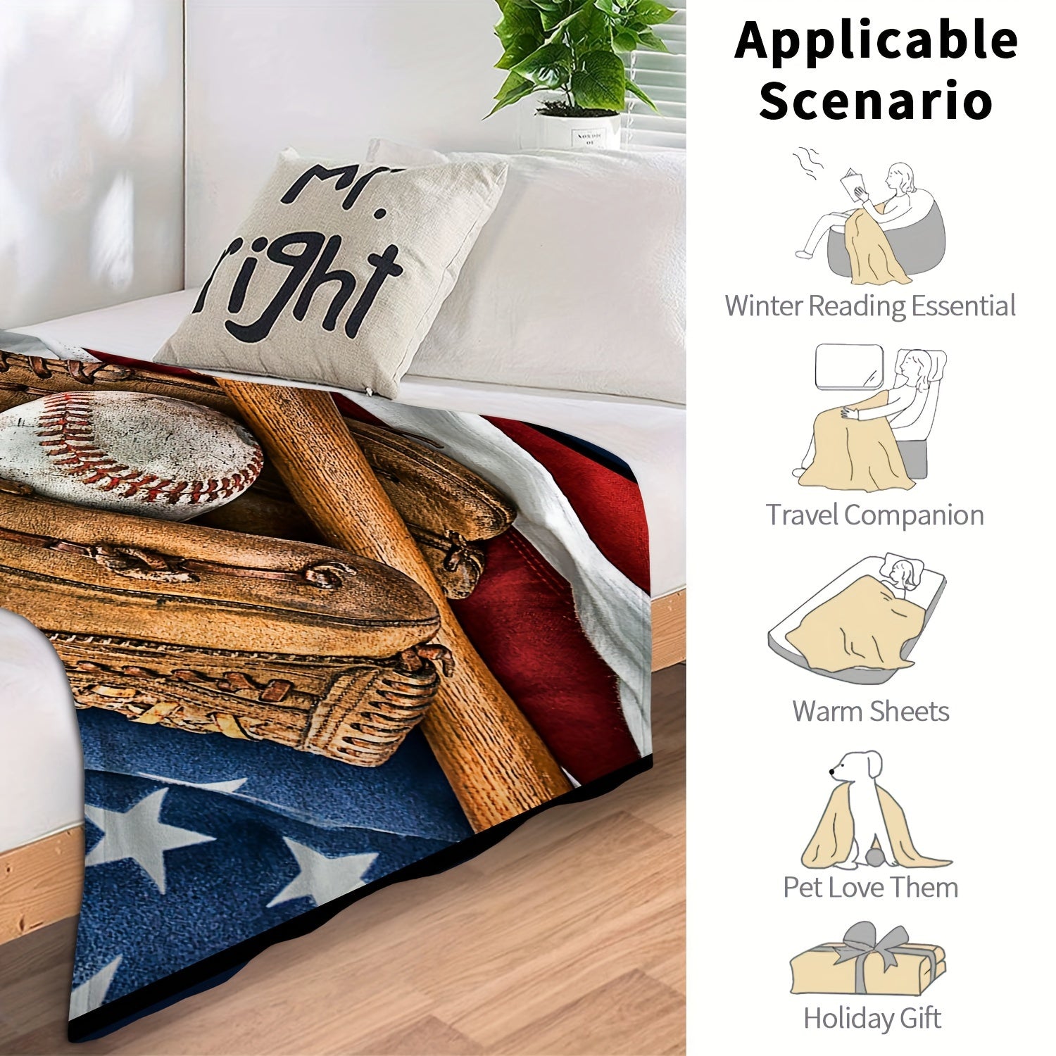 Baseball Gloves Baseball Bat Pattern Blanket Soft Flannel Throw Blanket