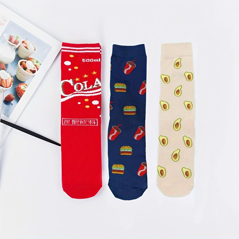 3 Pairs Cartoon Food Print Socks & Funny Mid Tube Socks Women's Stockings
