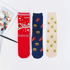 3 Pairs Cartoon Food Print Socks & Funny Mid Tube Socks Women's Stockings