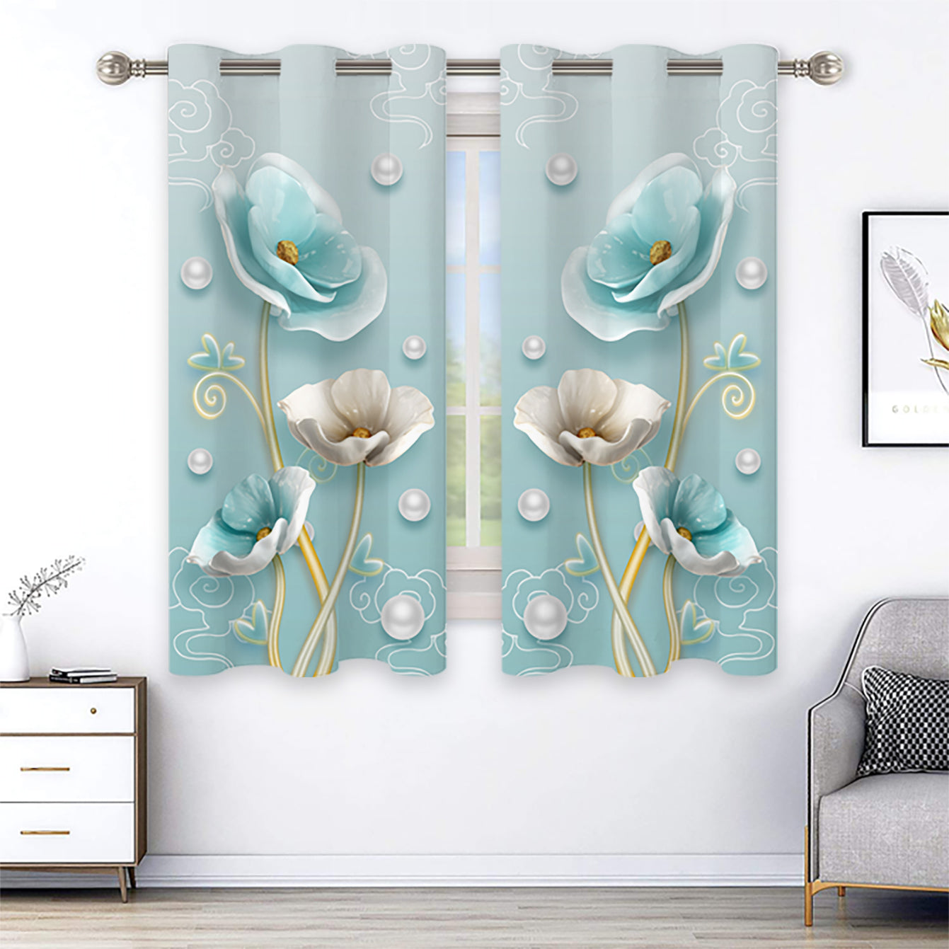 2pcs Floral Pattern Curtain For Bedroom