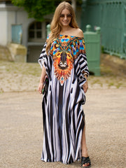  Striped V Neck Dolman Sleeve Maxi Kaftan Beach Dress