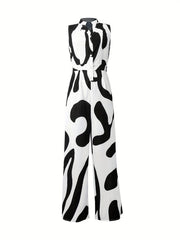 Abstract Print Button Front Jumpsuit Sleeveless Wide Leg Jumpsuit