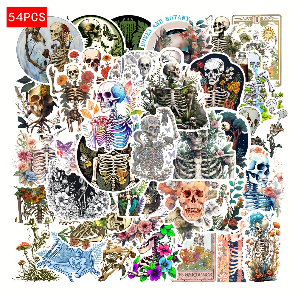 54pcs Skeleton & Floral Sticker Set for Scrapbooking Laptop