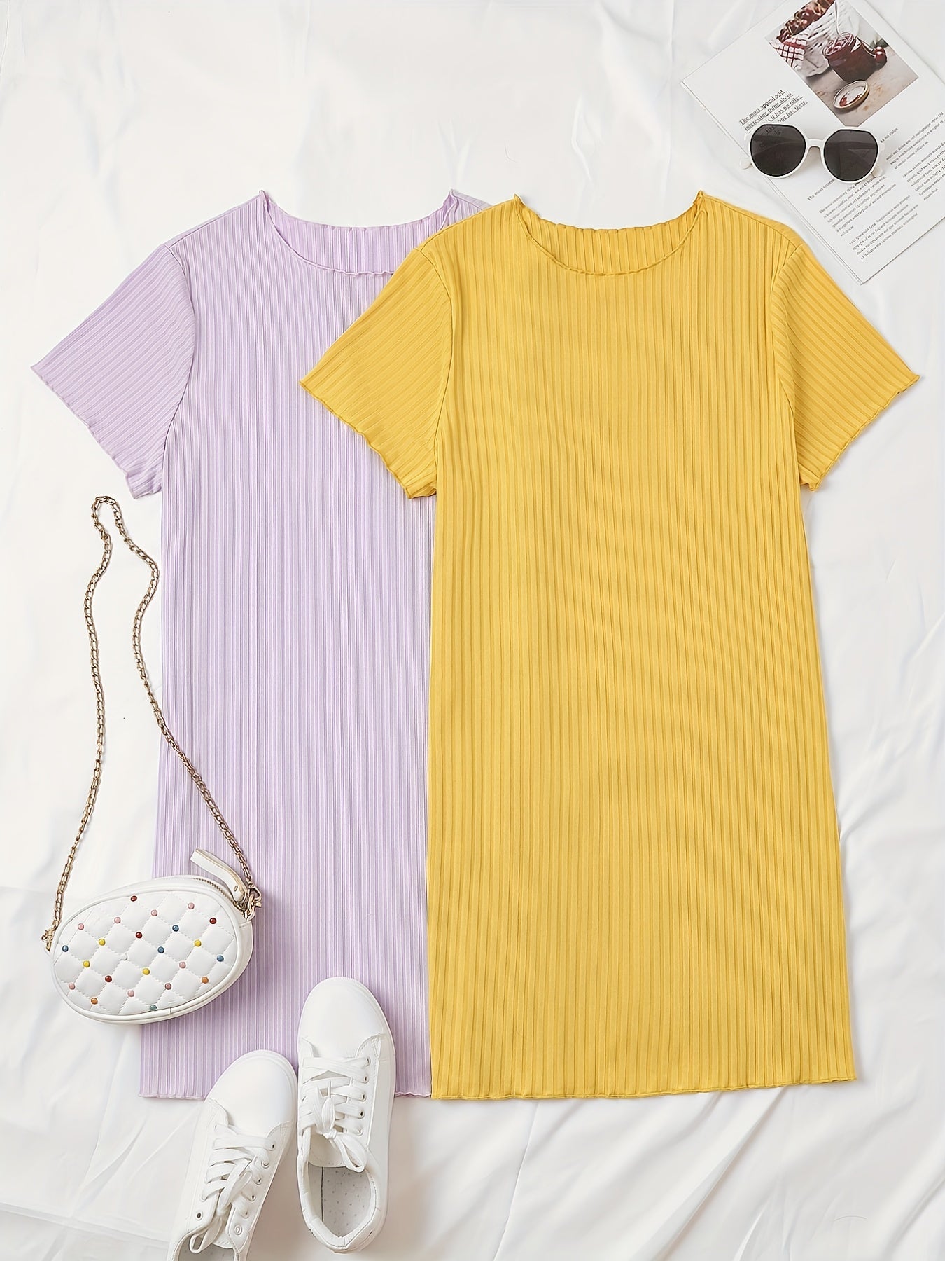 2 Pack Plus Size Ribbed Short Sleeve Dress Set Women's Plus Solid Round Neck