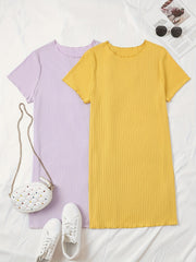 2 Pack Plus Size Ribbed Short Sleeve Dress Set Women's Plus Solid Round Neck