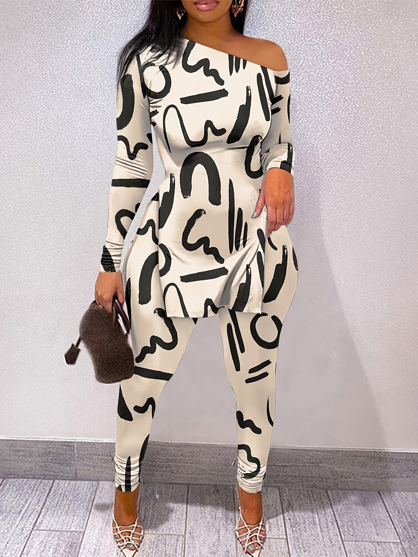 Casual Letter Print Two piece Set Side Split T shirt & Skinny Pants