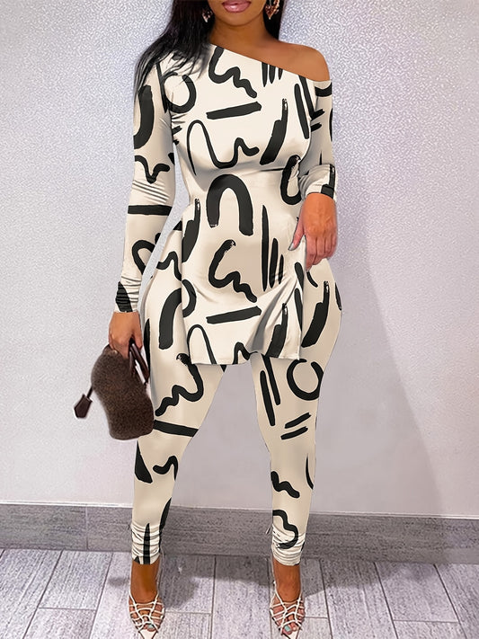 Casual Letter Print Two piece Set Side Split T shirt & Skinny Pants