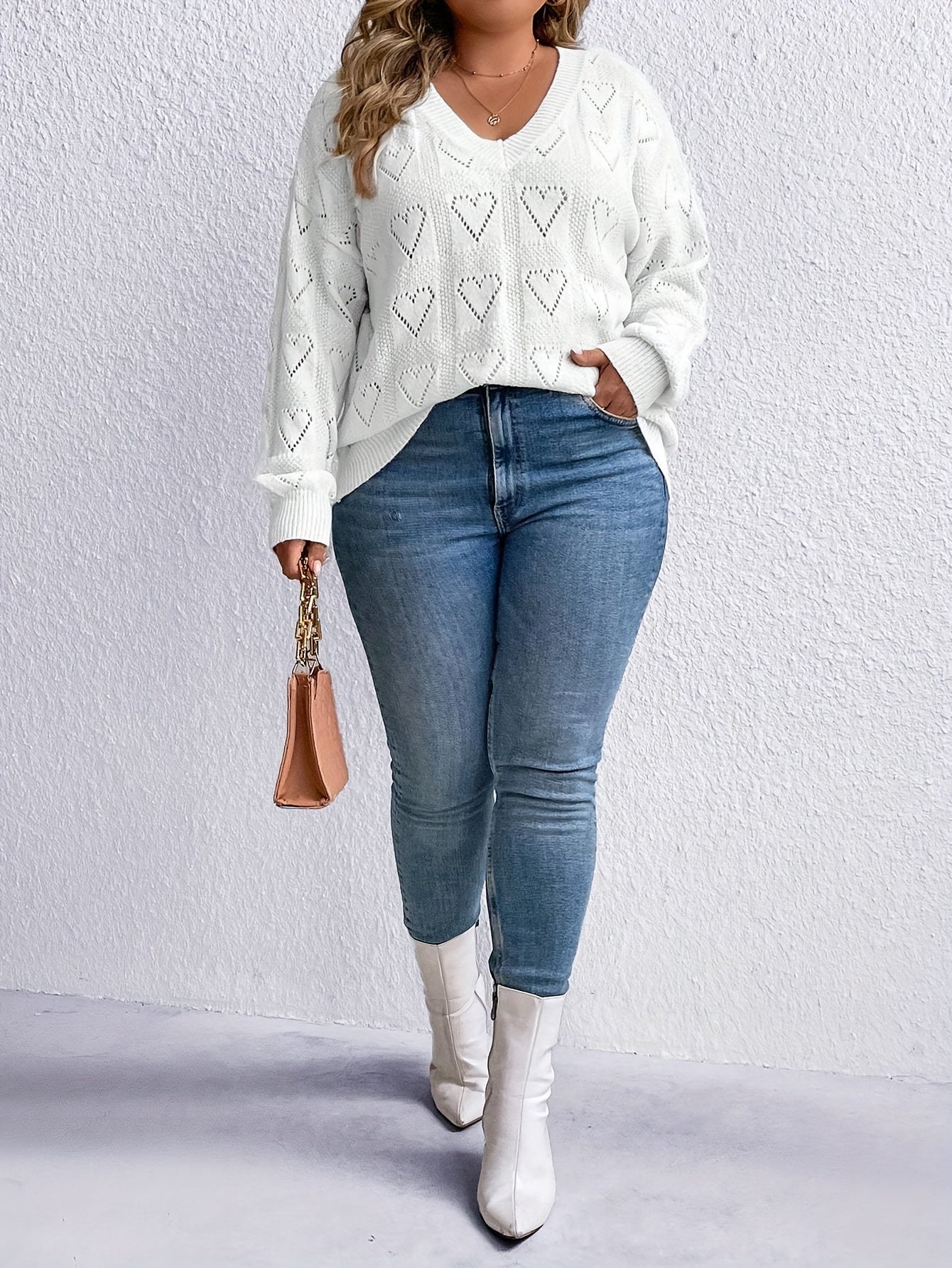  Heart Pattern V Neck Knitted Pullover Jumper