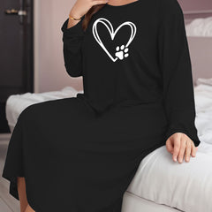  Heart & Dog Paw Print Long Sleeve Lounge Dress