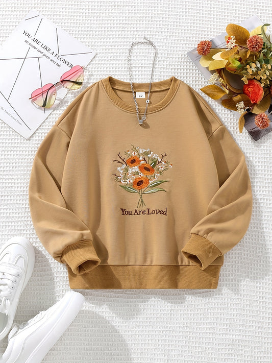 Girls Flower Embroidered Crew Neck Sweatshirt for Spring Fall