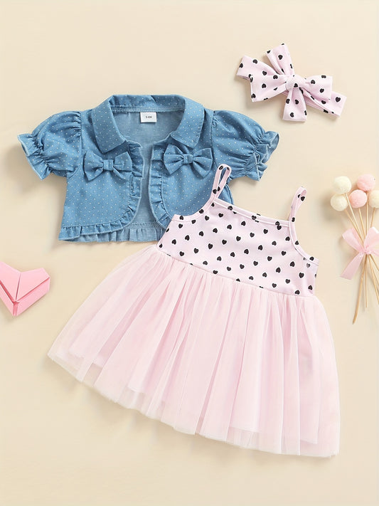 3pcs Baby Girls Denim Top & Cami Dress Set with Headband