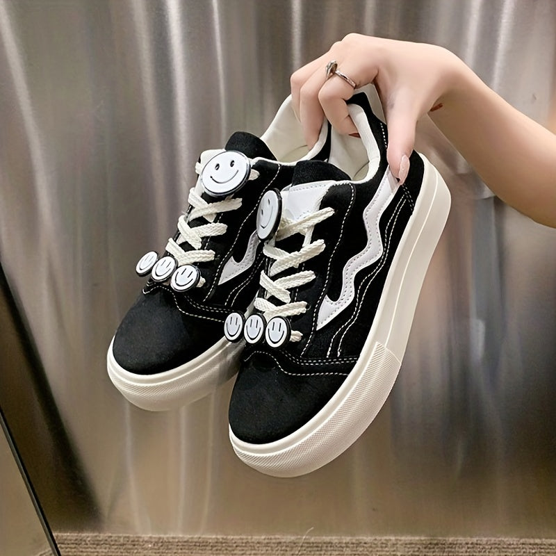 Women's Smile Decor Canvas Shoes Lace Up Low Top Sneakers