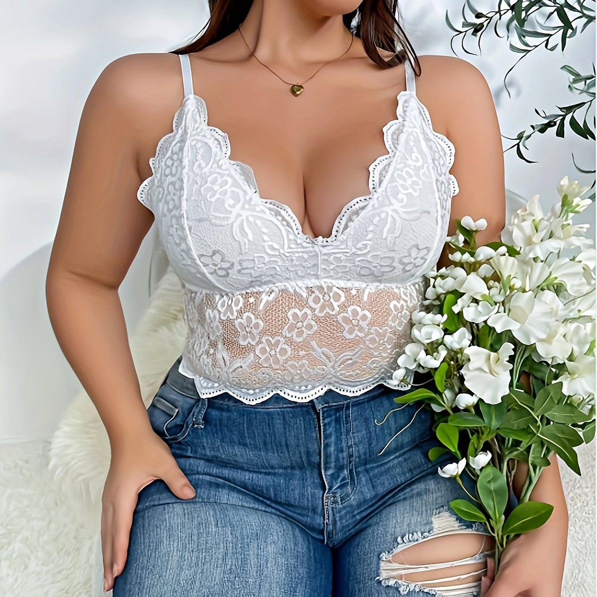  Bra Women's Plus Lace Trim Bralette Adjustable Straps