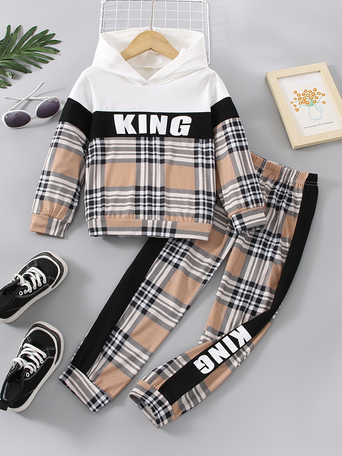 Boys Plaid Hoodie & Pants Set