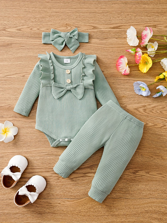 3pcs Baby Girls Bowknot Onesie & Pants & Headband Set