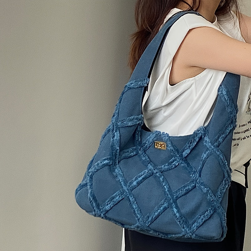 Denim Shoulder Bag Argyle Pattern Tassel Decor Hobo Bag Turn Lock Storage