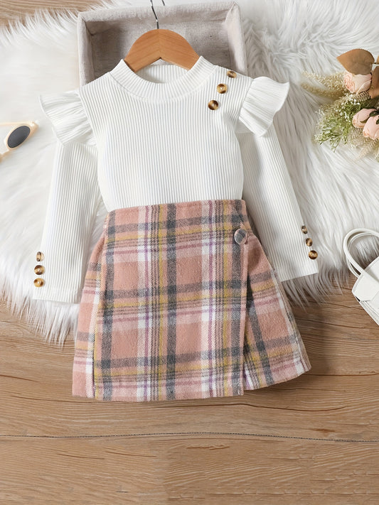 Girl's Ribbed Top & Plaid Shorts Set Casual Outfits Kids Clothes