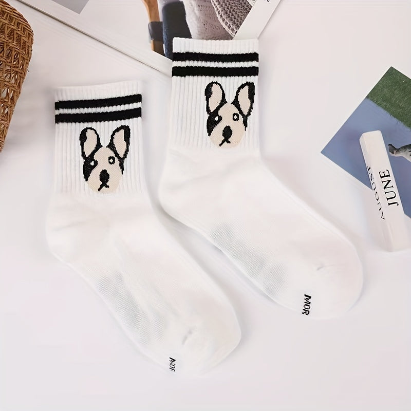 3 Pairs Cartoon Dog Print Socks Striped Crew Socks Women's Stockings