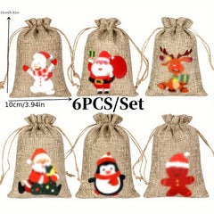 6pcs Christmas Candy Bags Set Drawstring Linen Bag for Holidays